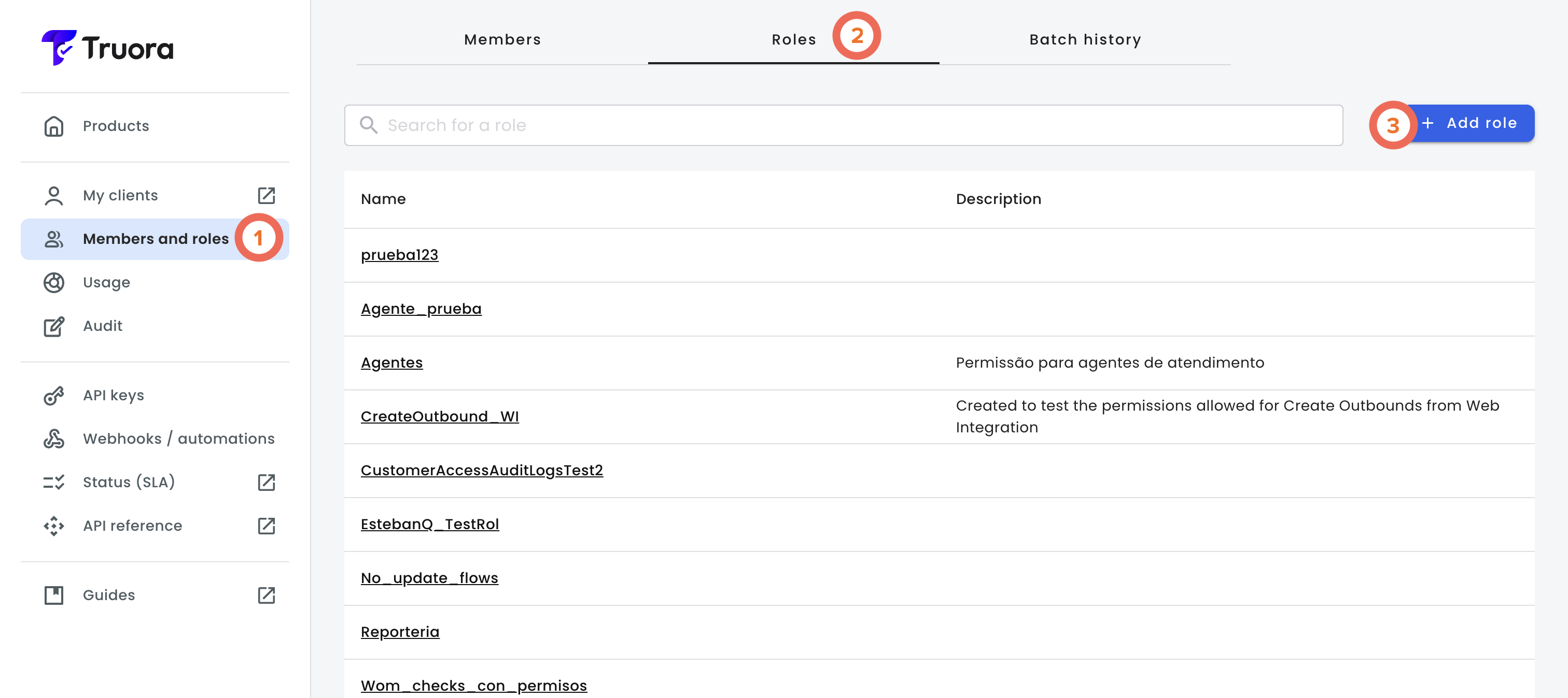 Roles tab listing all roles for the account