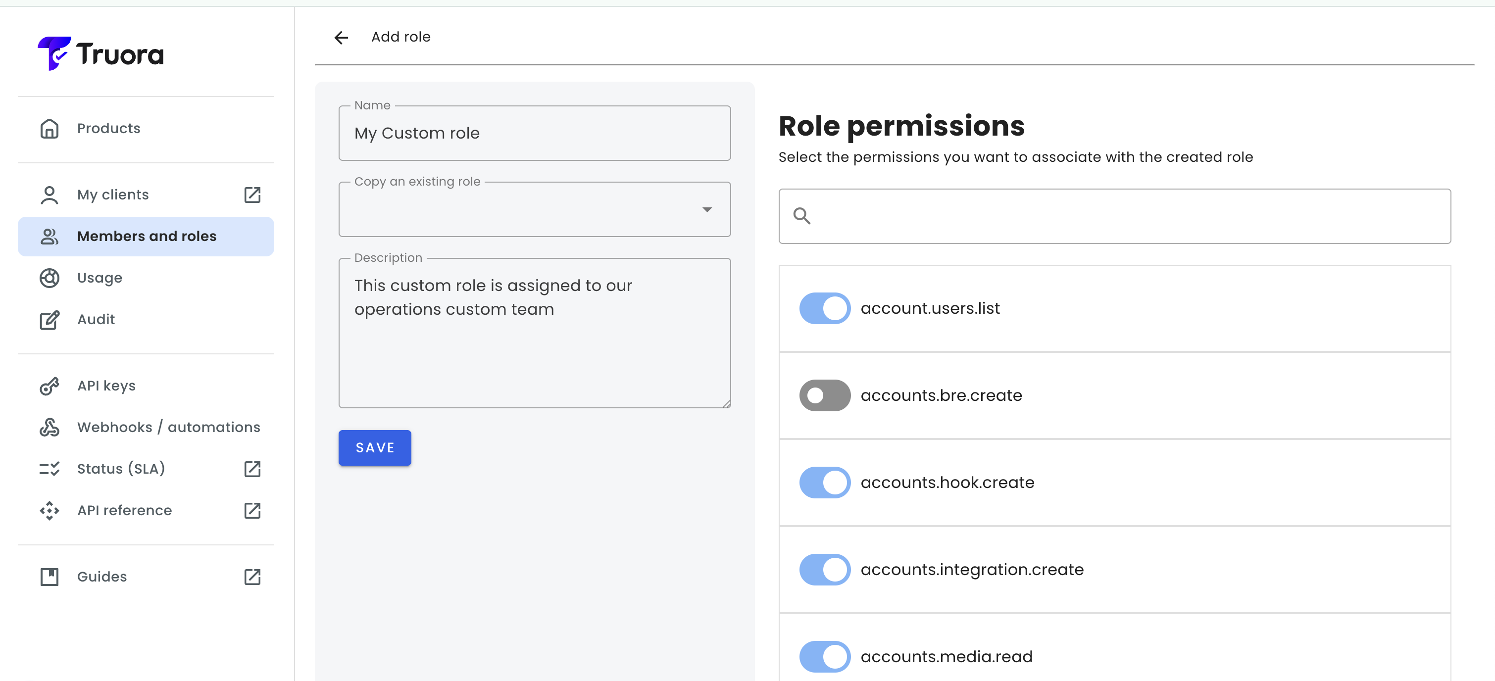 Add role form with name, copy from role, description, and permissions