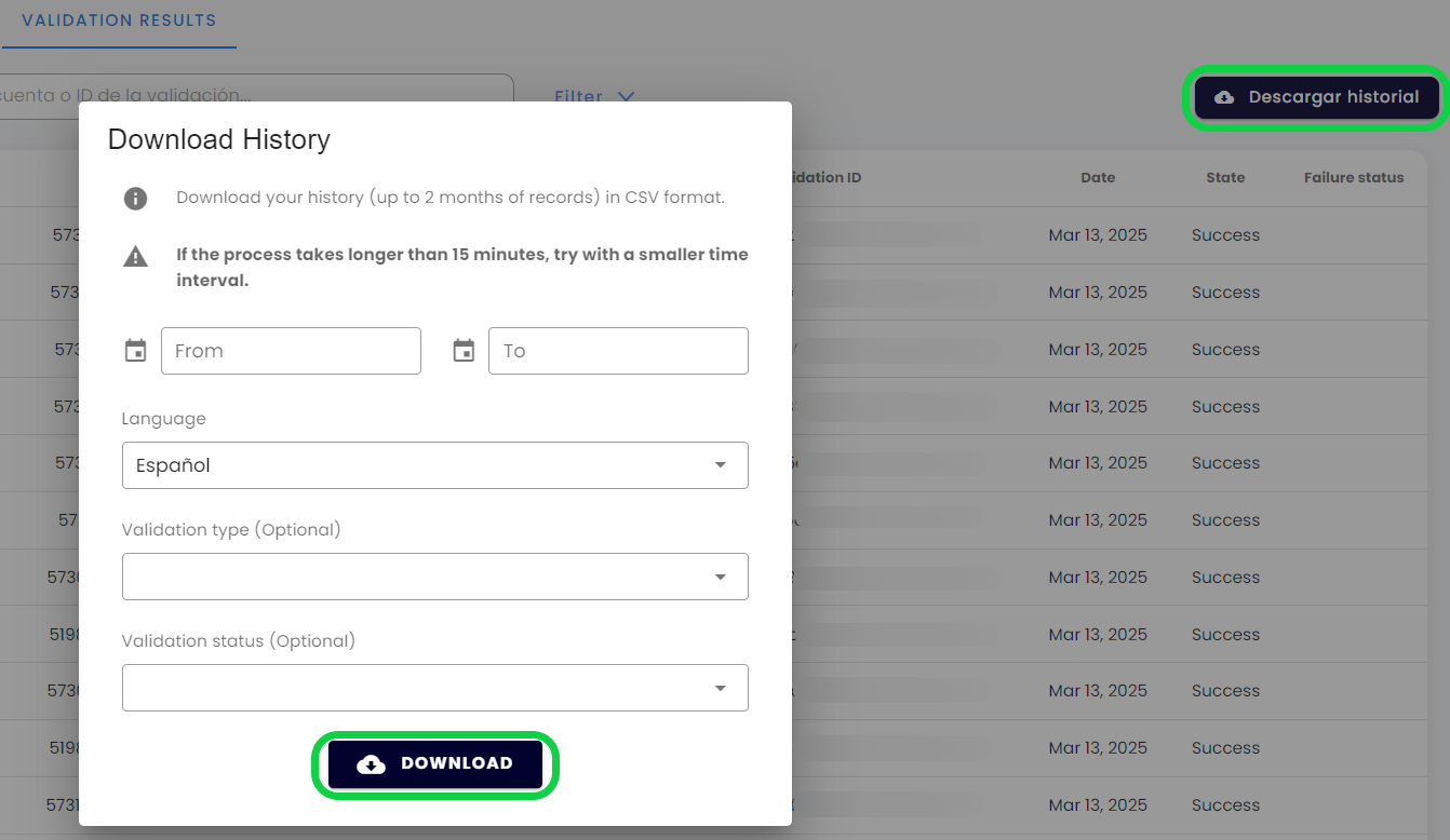 Download validation history csv