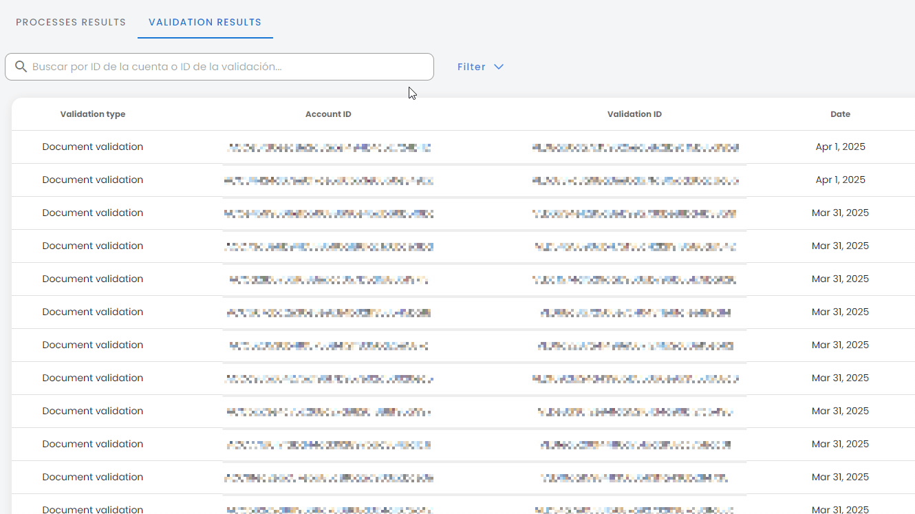 Validation results search