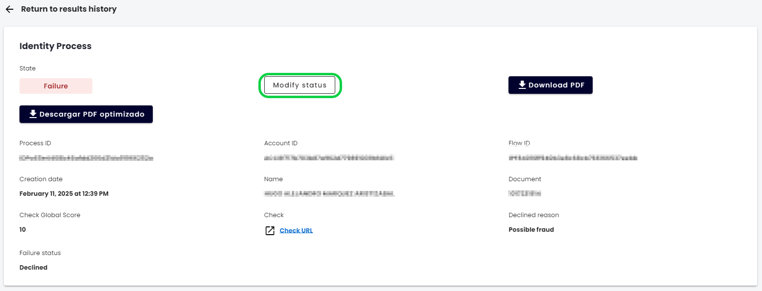Modify Status button