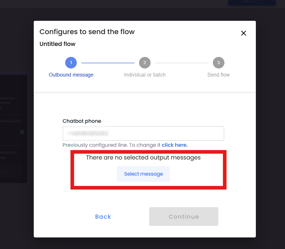 test flow modal with select outbound message button highlighted