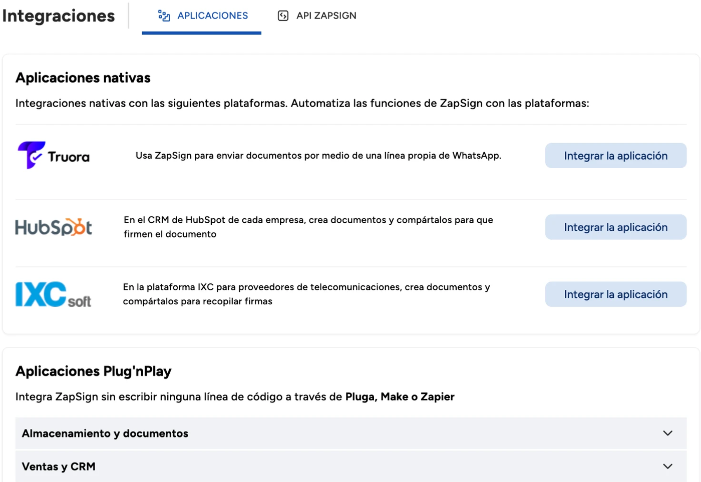 Integrations page in ZapSign