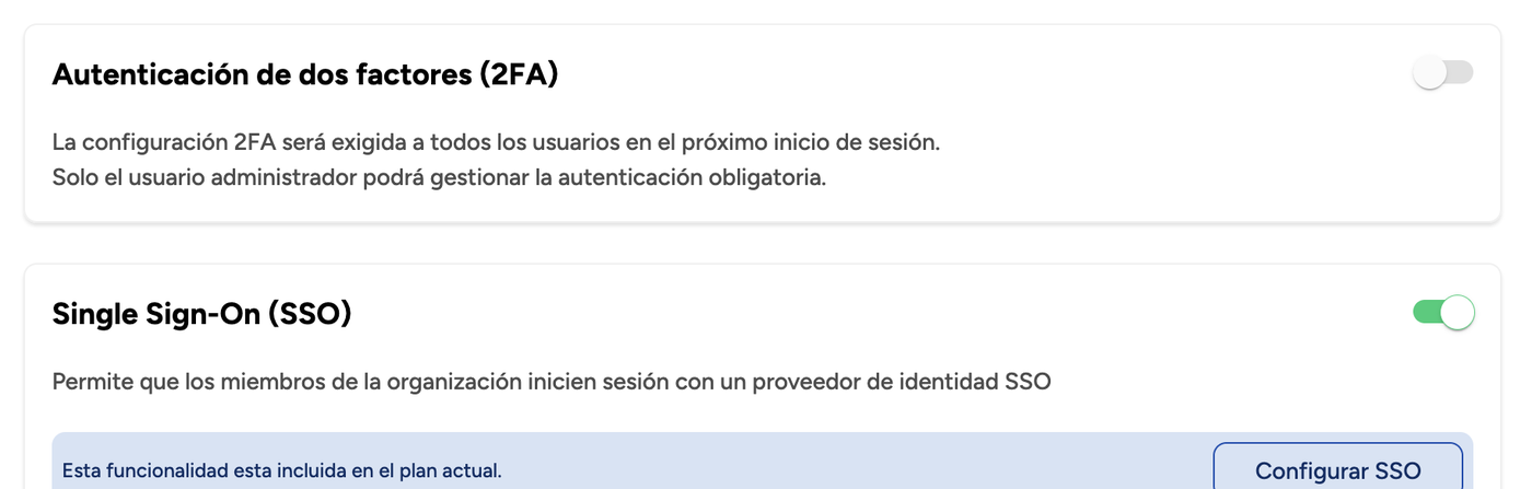 2FA and SSO settings in Organization