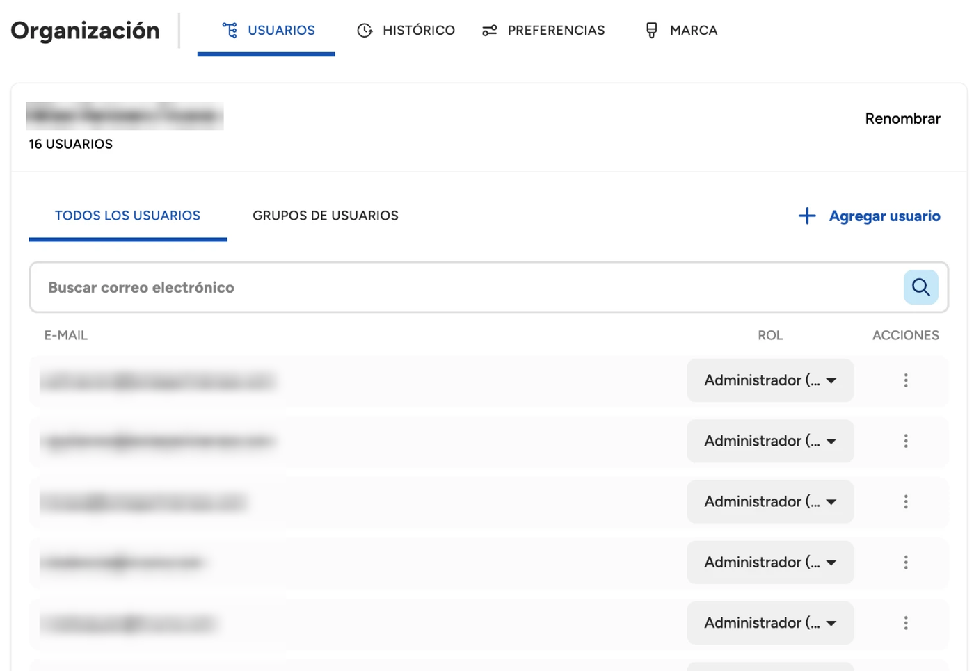 Users tab in Organization settings