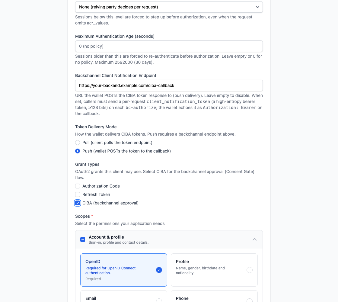 Truora Pass Dashboard application form showing the CIBA grant type, the poll/push token delivery mode, and the backchannel notification endpoint