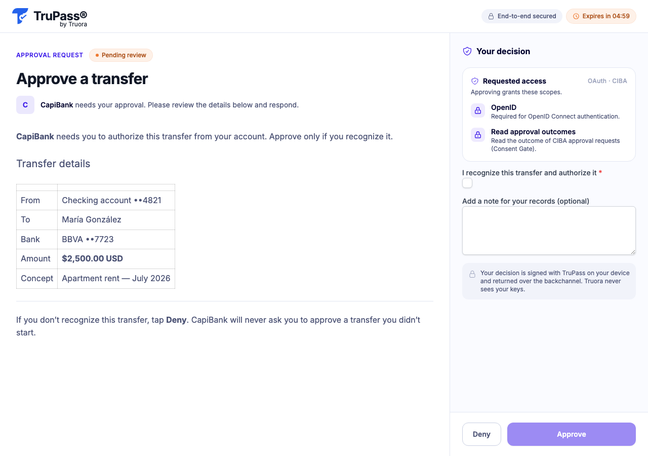 The Truora Pass approval review console showing a banking transfer approval — the transaction summary and amount alongside the decision form with Approve and Deny buttons