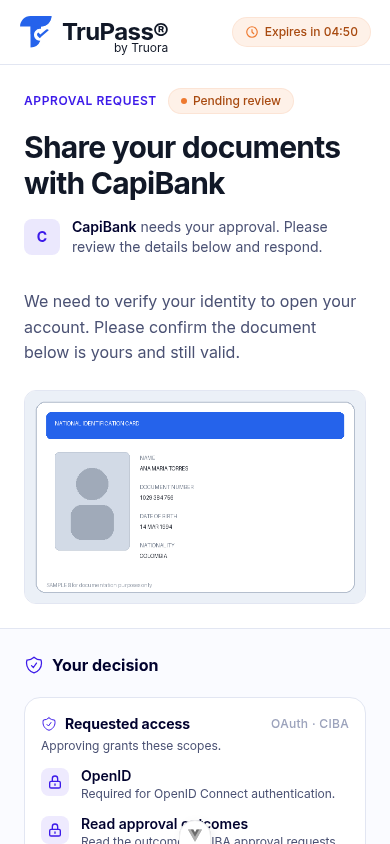 An approval request on mobile rendering a markdown block and an image block above the requested-access card