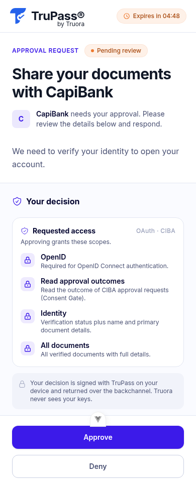 The Truora Pass approval screen on mobile: the request title, the requesting application, the message, the requested scopes, and the Approve and Deny buttons