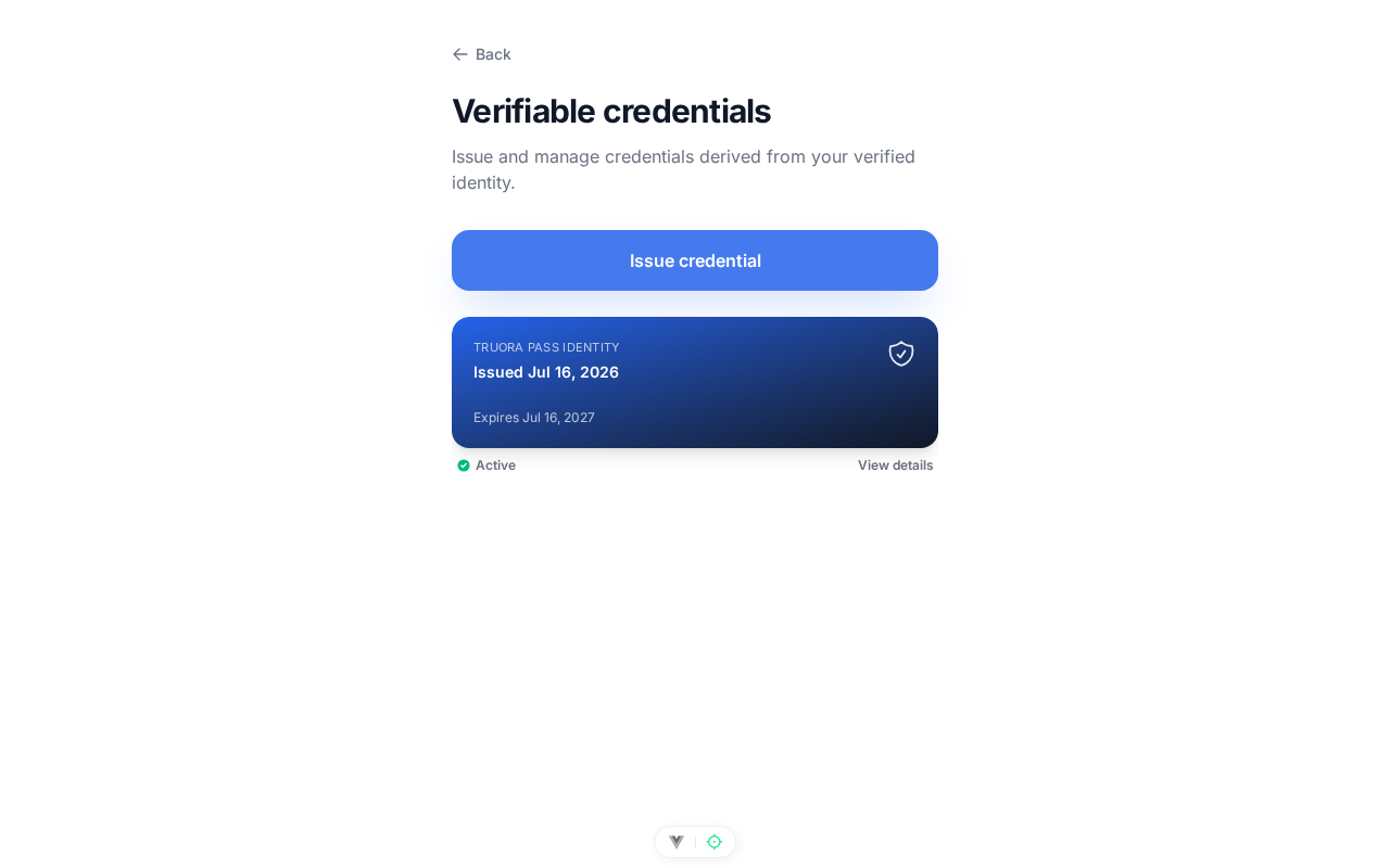 Credentials view listing an issued identity credential