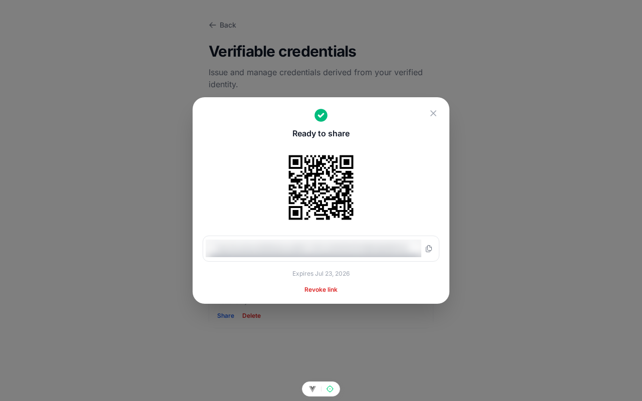 Share link and QR code for a credential